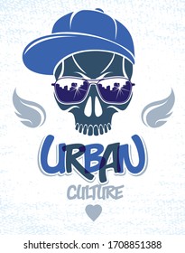 Skull in sunglasses and hat, urban theme vector logo or emblem, gangster or thug illustration, anarchy chaos hooligan, ghetto theme.