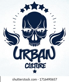 Skull in sunglasses and hat, urban theme vector logo or emblem, gangster or thug illustration, anarchy chaos hooligan, ghetto theme.