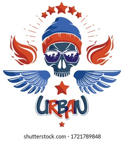 Skull in sunglasses and hat, urban theme vector logo or emblem, gangster or thug illustration, anarchy chaos hooligan, ghetto theme.