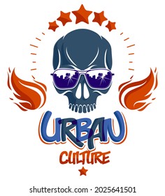 Skull in sunglasses and hat, urban theme vector logo or emblem, gangster or thug illustration, anarchy chaos hooligan, ghetto theme.