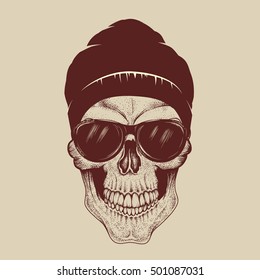 Skull with sunglasses and hat.Fashion style.Vector hand drawn illustration