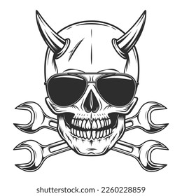 Skull in sunglasses with horns with body shop service car and truck mechanic repair tool crossed wrench or construction builder spanner illustration