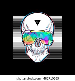 Skull in sunglasses iridescent mirrored sunglasses on striped background. Vector illustration EPS10. Design a poster for a t-shirt. Great cool print on the sweatshirt. Black and white human skull.