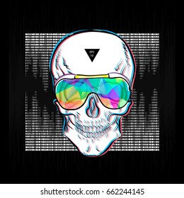 Skull in sunglasses iridescent mirrored sunglasses on sound wave background. Vector illustration EPS10. Design a poster for a t-shirt. Great cool print on the sweatshirt. Black and white human skull.