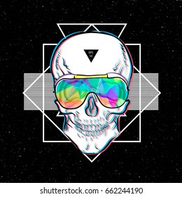 Skull in sunglasses iridescent mirrored sunglasses on geometric background. Vector illustration EPS10. Design a poster for a t-shirt. Great cool print on the sweatshirt. Black and white human skull.