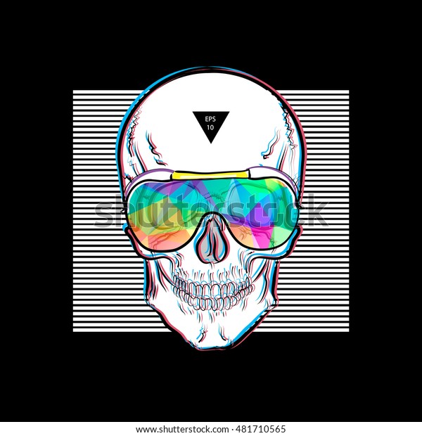 ストライプの背景にサングラスの虹色 のミラーサングラスに頭蓋骨 ベクターイラストeps10 Tシャツのポスターをデザインする スウェットシャツにすばらしいクールな印刷物 白黒の人間の頭蓋骨 のベクター画像素材 ロイヤリティ フリー