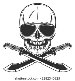 Skull in sunglasses and machete sharp knife melee weapon of hunter in jungle. Black and white vector isolated on white background