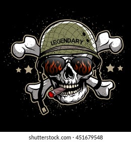 Skull with sunglasses and a military helmet. The illustration on the theme of the army on a dark background.