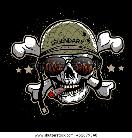 Skull with sunglasses and a military helmet. The illustration on the theme of the army on a dark background.