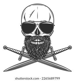 Skull in sunglasses with mustache and beard and crossed sword Isolated on white background monochrome illustration