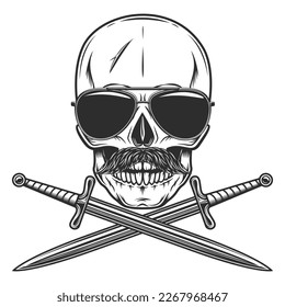 Skull in sunglasses with mustache and crossed sword Isolated on white background monochrome illustration