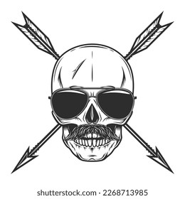 Skull in sunglasses with mustache and vintage hunting arrow in monochrome style isolated vector illustration with design element for label or sign and emblem