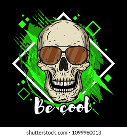 Skull with sunglasses on grunge background. Cartoon skull.