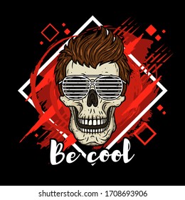 Skull with sunglasses on grunge background. Cartoon skull.