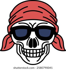 A skull with sunglasses and a red bandana on its head. The skull has a smile on its face