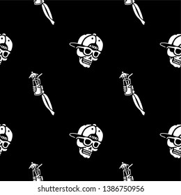 Skull sunglasses seamless chilling with cocktail seamless pattern