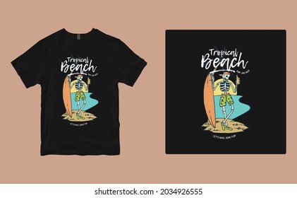 Skull Surf and Beer t-shirt design. Vector print, typography, poster, print, emblem. Global swatches.