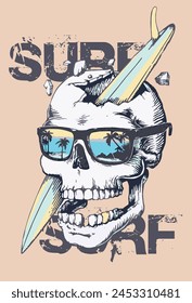 A skull surf illustration t-shirt graphic print vector artwork