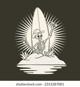 Skull and surfboard on the sand. Vector illustration in vintage outline style