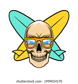 Skull with surfboard vector illustration, skull summer vibes vector art