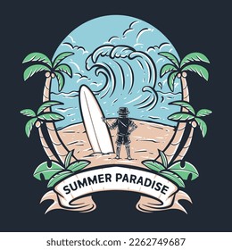 skull surfer on summer beach illustration