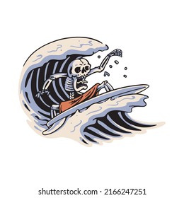 Skull surfing with good wave graphic illustration vector art t-shirt design