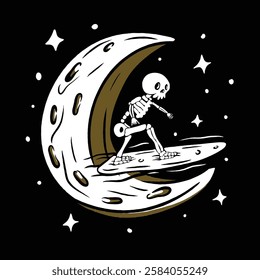 skull surfing on the moon vector vintage illustration