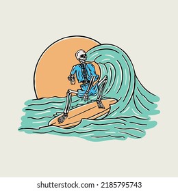 Skull surfing in summer graphic illustration vector art t-shirt design