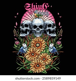 The skull is surrounded by beautiful flowers. The skull has a peaceful and serene expression. The flowers also have bright and vibrant colors, creating an interesting contrast between death and life.