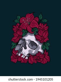 The skull is surrounded by beautiful red roses.