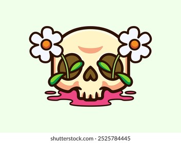 Skull Surrounded by Flowers and Leaves in a Playful, Colorful Style Whimsical Cartoon Vector Illustration