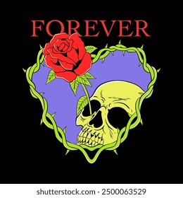 Skull surrounded by thorns is holding a single red rose symbolizing forever love