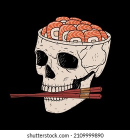 Skull with sushi instead of brain vector illustration on black background