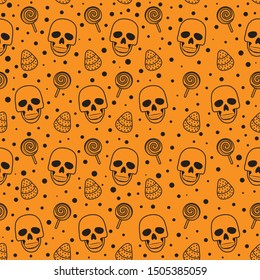 Skull and sweets seamless pattern on orange background. halloween skull pattern background. vector illustration