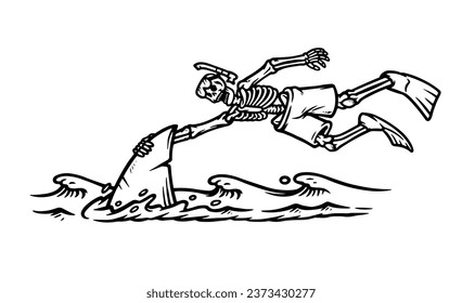 skull swimming with sharks in the sea