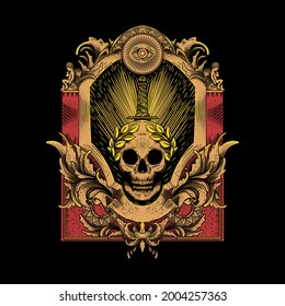 skull and sword engraving illustration. suitable for your tshirt design printing.