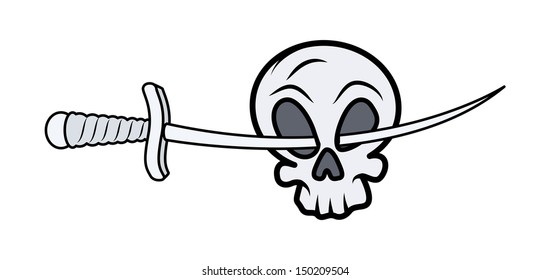 Skull with Sword in Eyes - Vector Cartoon Illustration