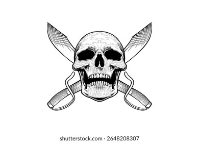 skull and sword line art illustration pirate symbol with engraving style