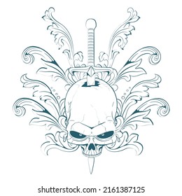 Skull Sword Ornaments Line Art  High quality vector