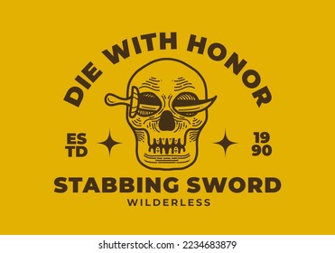 Skull and sword retro illustration design on a yellow background