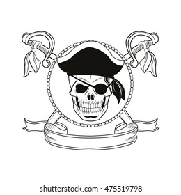 skull sword ribbon cartoon pirate tattoo marine nautical icon. Black white isolated design. Vector illustration