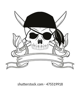 skull sword ribbon cartoon pirate tattoo marine nautical icon. Black white isolated design. Vector illustration