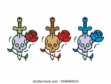 Skull sword and rose colorful tattoo set design
