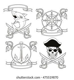 skull sword shark anchor rudder ribbon cartoon pirate tattoo marine nautical icon. Black white isolated design. Vector illustration