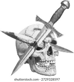 Cráneo con la espada a través de la cabeza para el horror y diseños góticos del tatuaje
