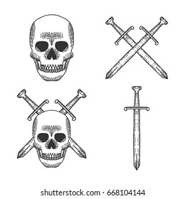Skull with Sword Vector Art. Hand-drawn illustration of skull. Grunge weathered illustration. Prints design for t-shirt.