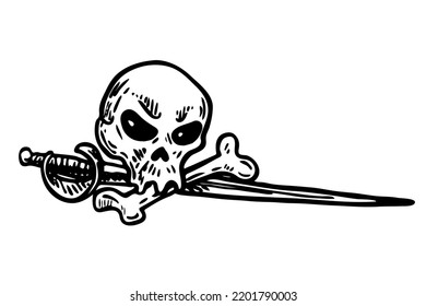 ilustración del vector de cráneo y espada aislada en fondo blanco