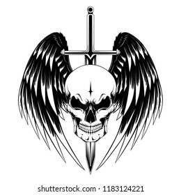A skull with a sword and wings. Black and white vector image.