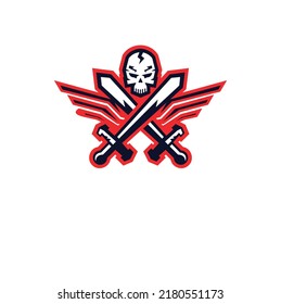 Skull Sword with wings design. Guard. Medieval sword with wings. Design element for logo, label, emblem, sign, badge. Vector illustration