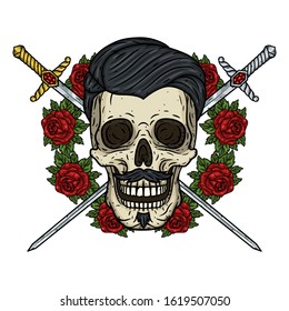 Skull with a swords and  red roses. Valentine skull. Illustration for Valentine's day